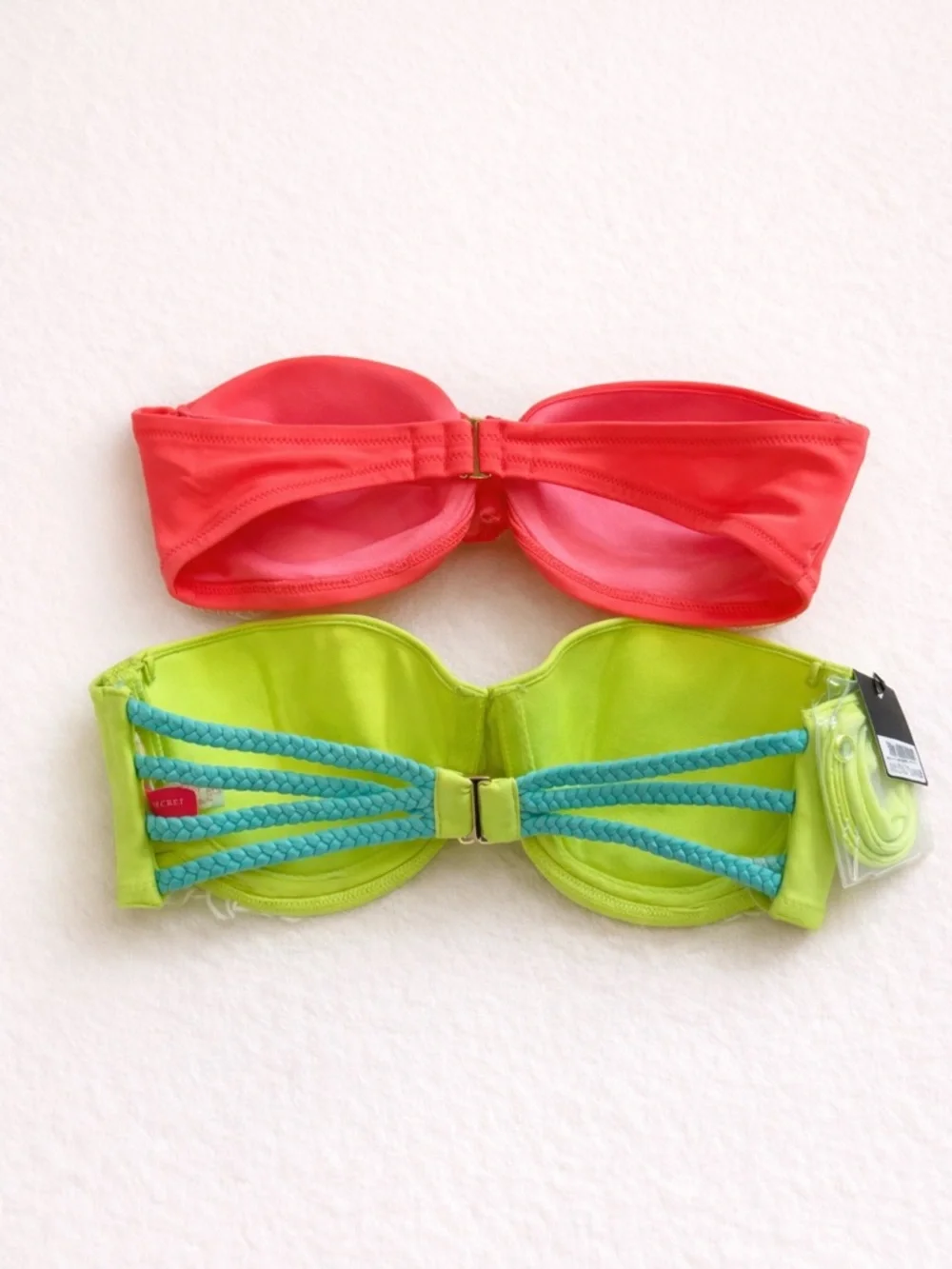 Bundle of 2 Strapless Bikini Tops – Neon Green & Coral Bandeau Styles